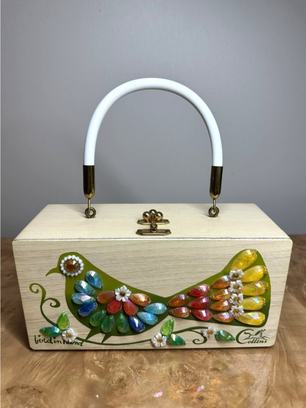 Rare Vintage Enid Collins Bird in Hand Box Bag Jeweled Wood Purse Texas EUC - Picture 2 of 13